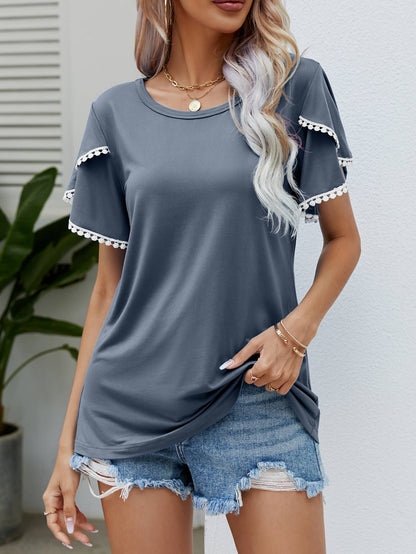 Pom-Pom Trim Flutter Sleeve Round Neck Tee-Angel Casuals