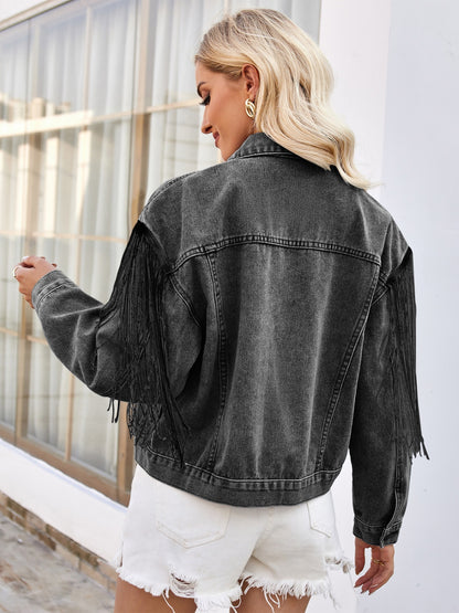 Tassel Button Up Dropped Shoulder Denim Jacket-Angel Casuals