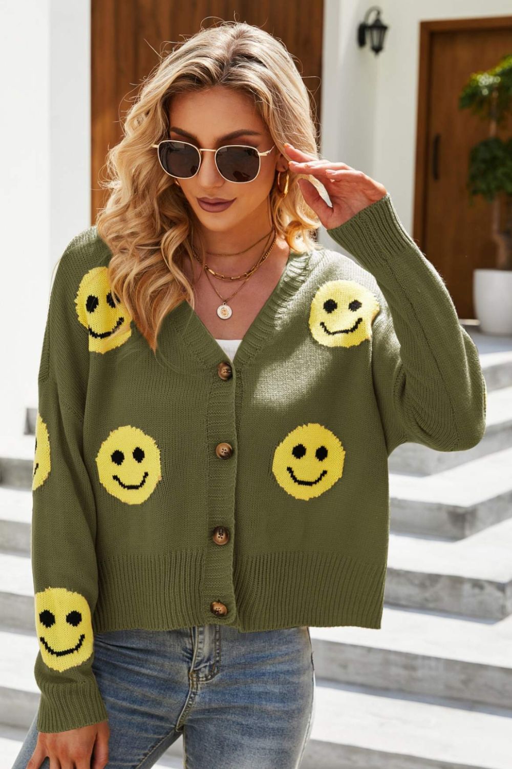 Smiley Face Ribbed Trim V-Neck Cardigan-Angel Casuals