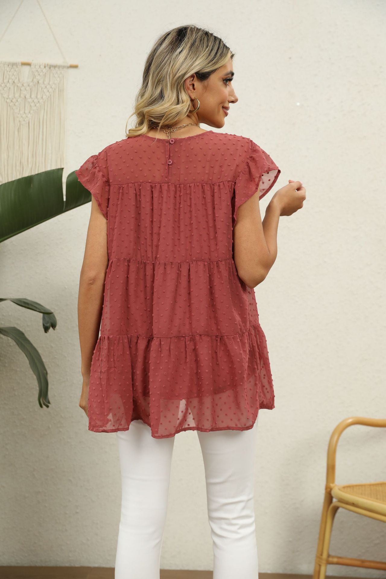 Swiss Dot Round Neck Tiered Blouse-Angel Casuals