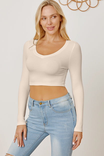 Round Neck Long Sleeve Cropped T-Shirt-Angel Casuals
