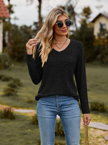 Ribbed V-Neck Long Sleeve Tee-Angel Casuals