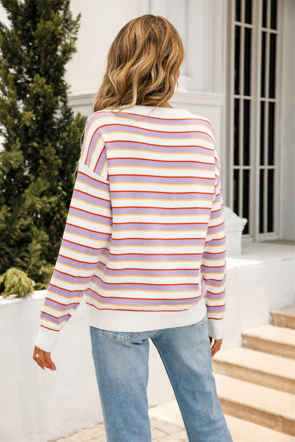 Angel Wings Striped Round Neck Dropped Shoulder Knit Top-Angel Casuals