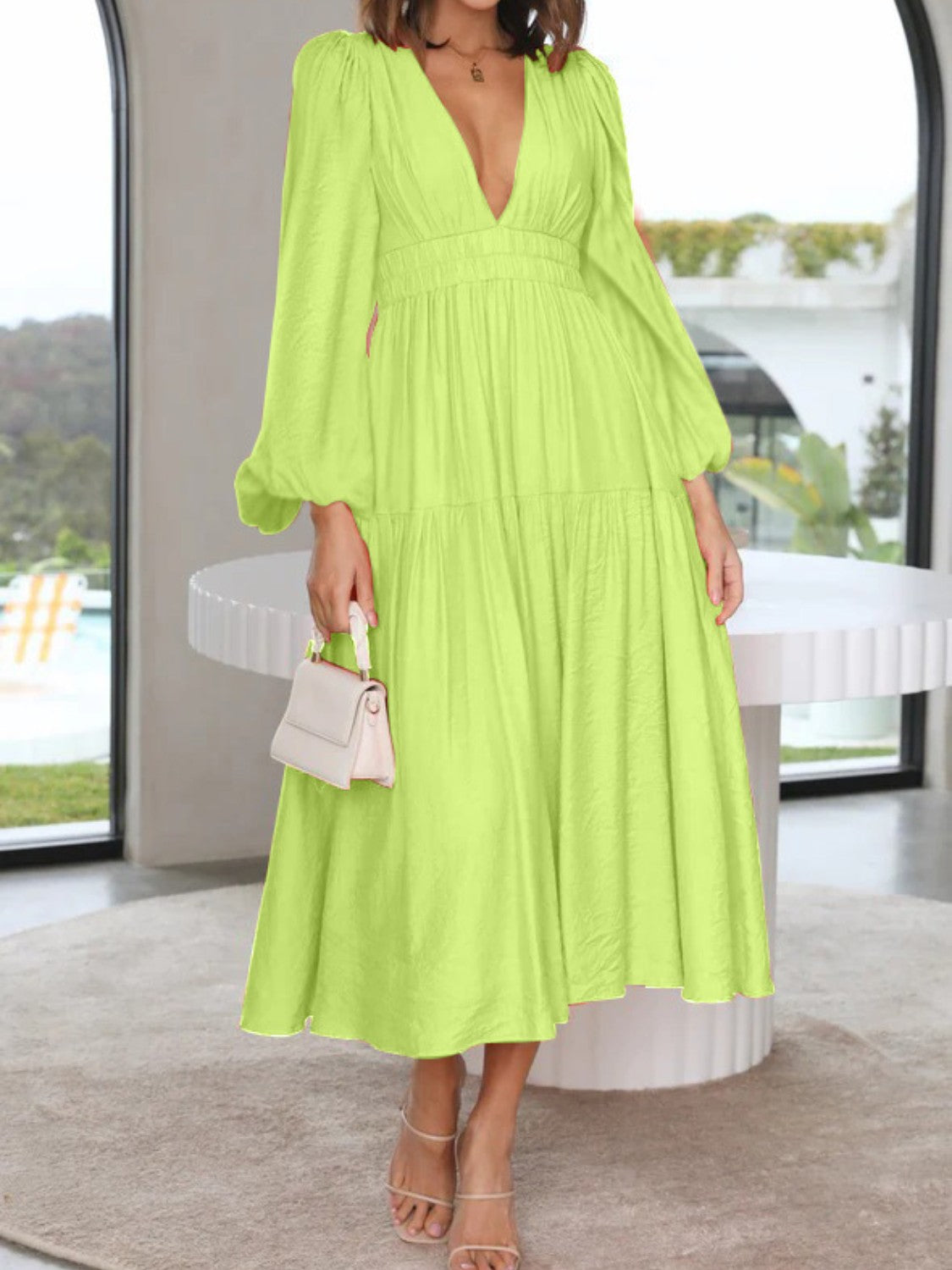 Deep V-Neck Balloon Sleeve Plain Maxi Dress-Angel Casuals