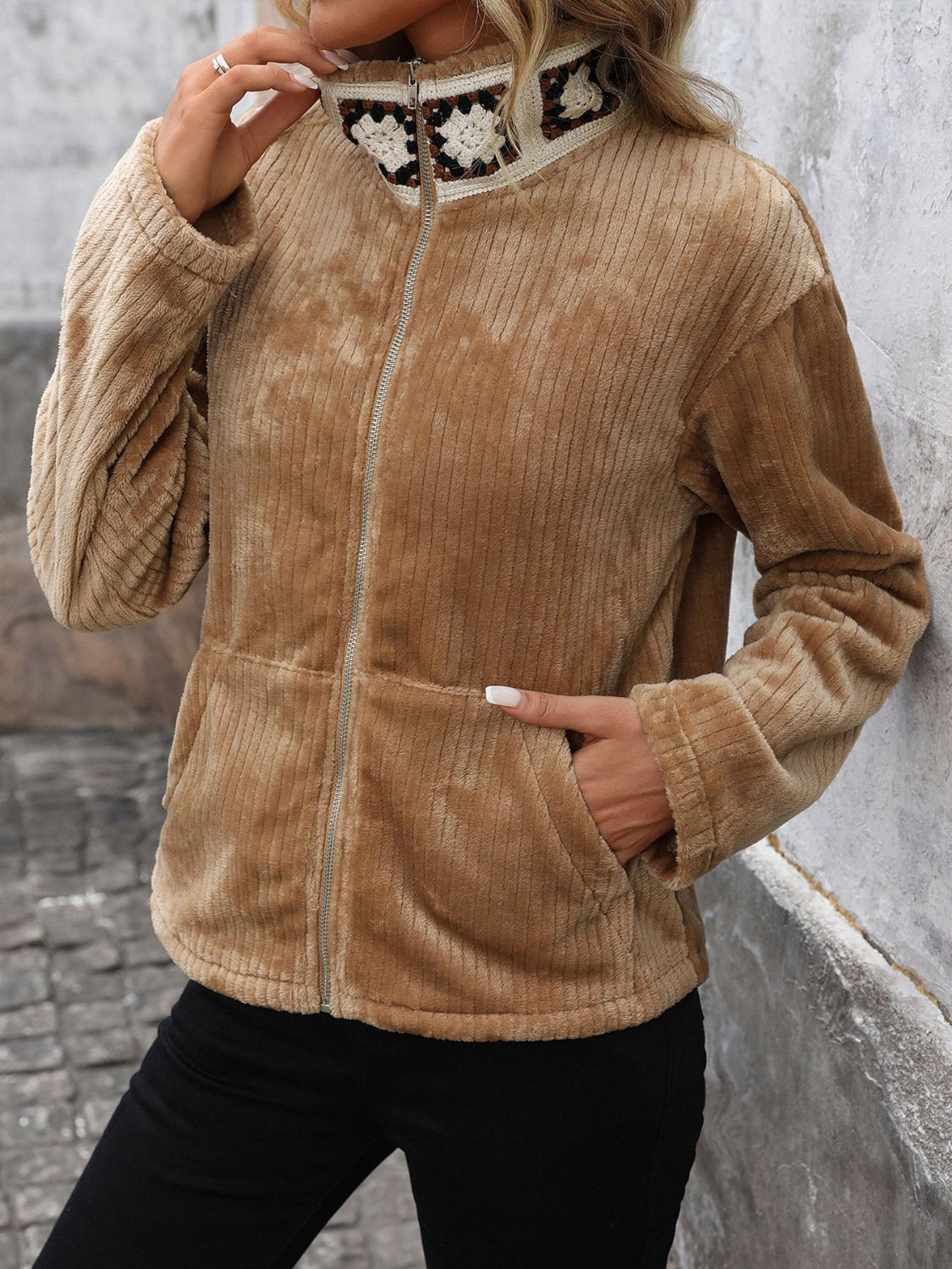 Perfee Pocketed Zip Up Collared Neck Long Sleeve Jacket-Angel Casuals