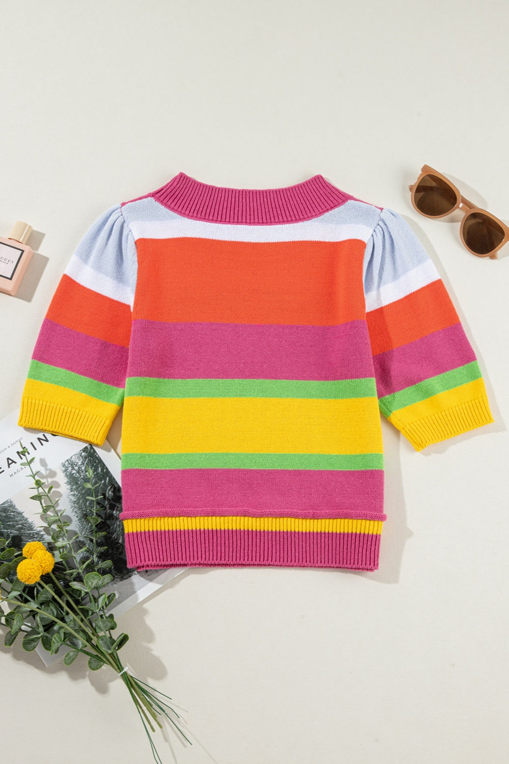 Color Block Round Neck Half Sleeve Knit Top-Angel Casuals