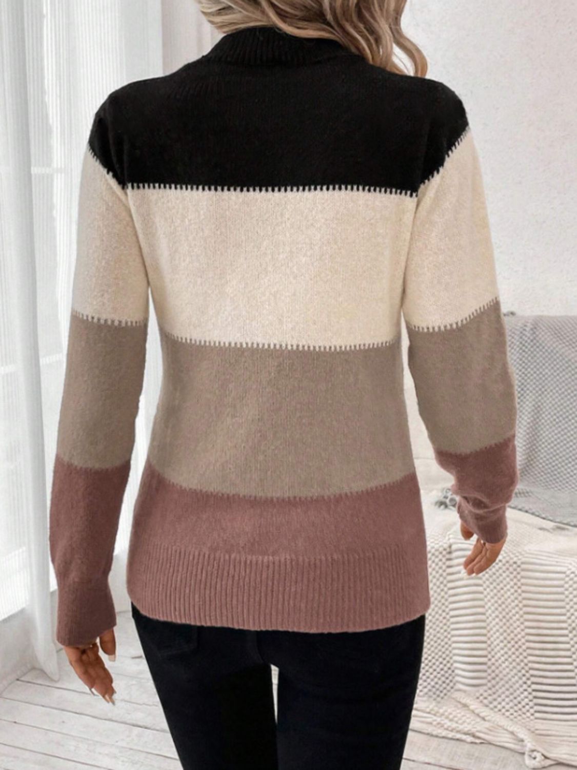 Color Block Mock Neck Long Sleeve Sweater-Angel Casuals