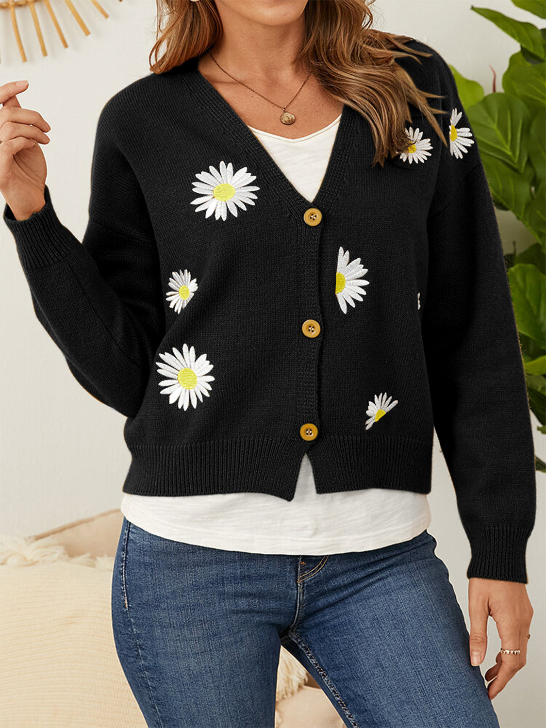 Flower Button Front Dropped Shoulder Cardigan-Angel Casuals