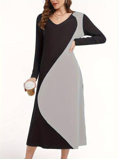 Contrast Long Sleeve Midi Dress-Angel Casuals