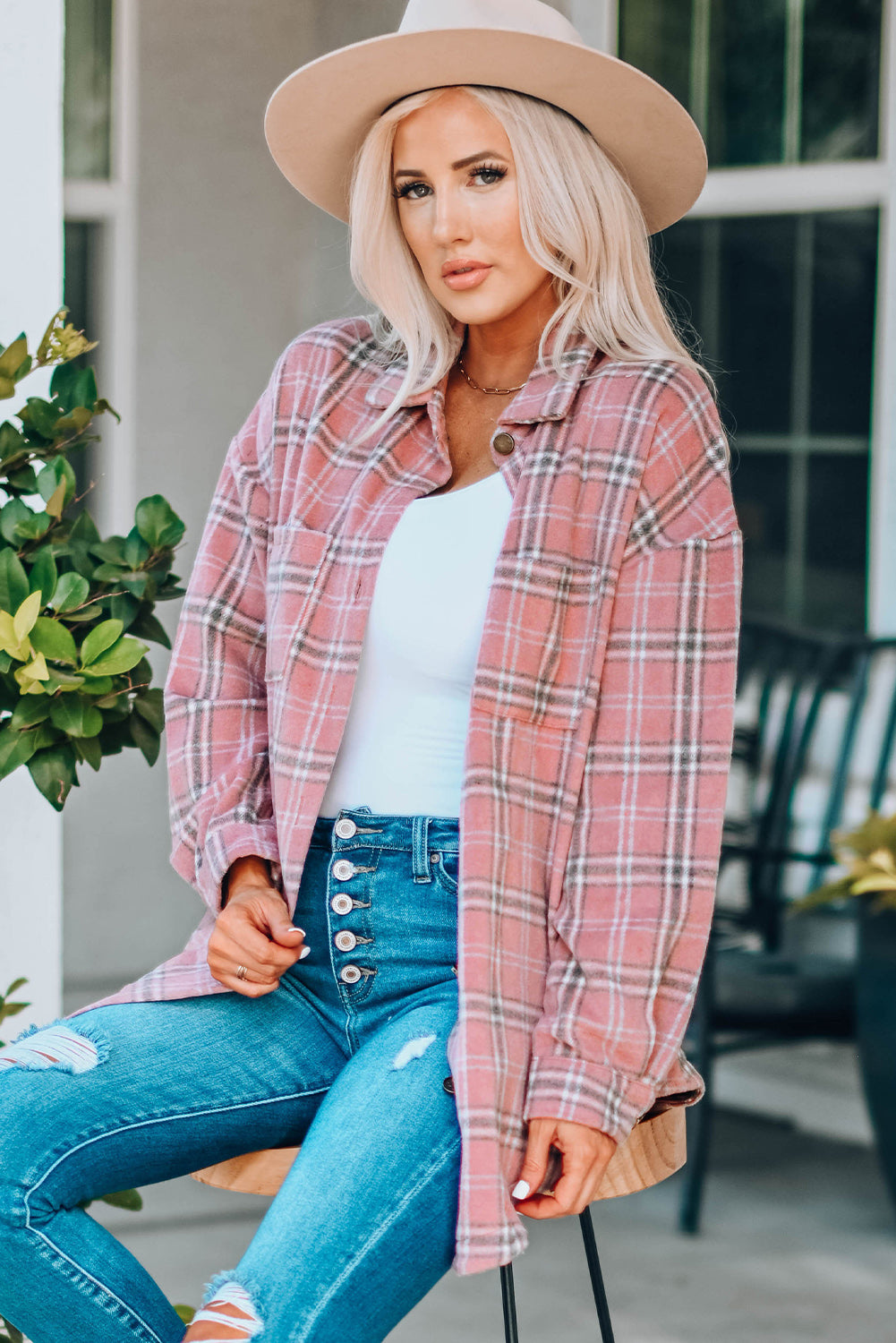 Plaid Curved Hem Dropped Shoulder Longline Shirt Jacket-Angel Casuals