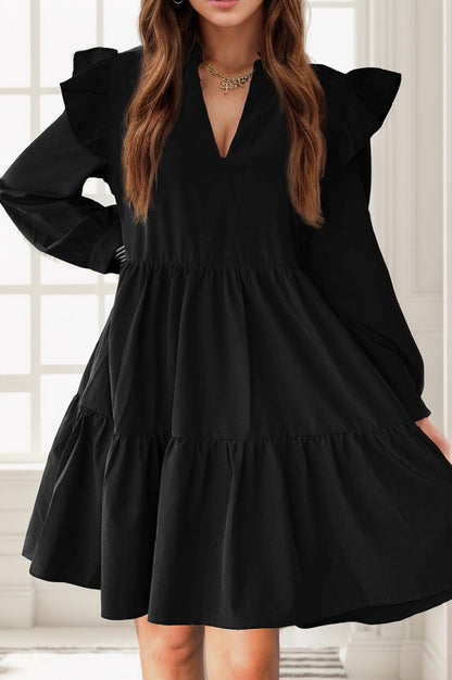 Ruffled V-Neck Long Sleeve Mini Dress-Angel Casuals