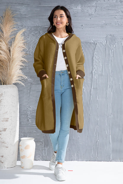 Button Up Contrast Trim Hooded Cardigan-Angel Casuals