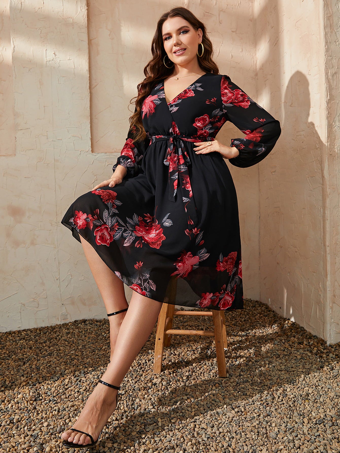 Plus Size Floral Surplice Neck Tie Waist Dress-Angel Casuals