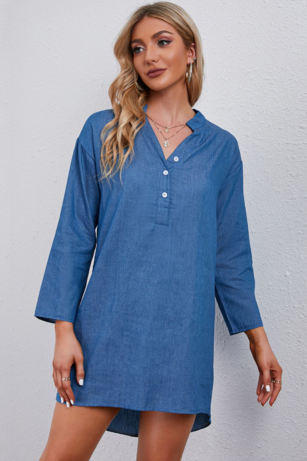 Half-Button Notched Neck High-Low Denim Dress-Angel Casuals