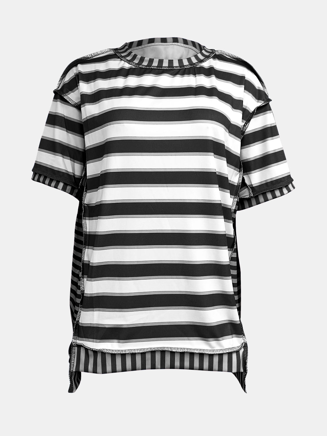 Full Size Contrast Stitching Striped Round Neck T-Shirt-Angel Casuals