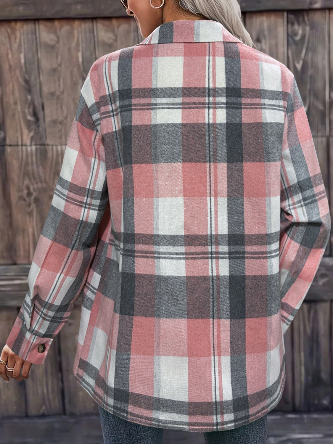 Pocketed Plaid Collared Neck Shacket-Angel Casuals