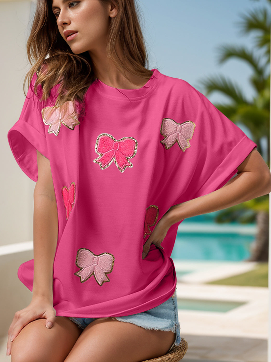 Bow Round Neck Short Sleeve T-Shirt-Angel Casuals