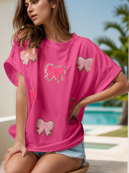 Bow Round Neck Short Sleeve T-Shirt-Angel Casuals