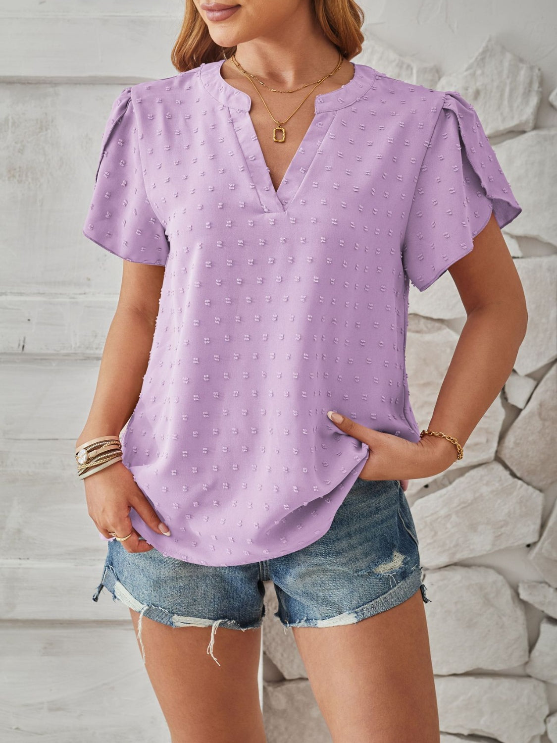 Swiss Dot Notched Petal Sleeve T-Shirt-Angel Casuals