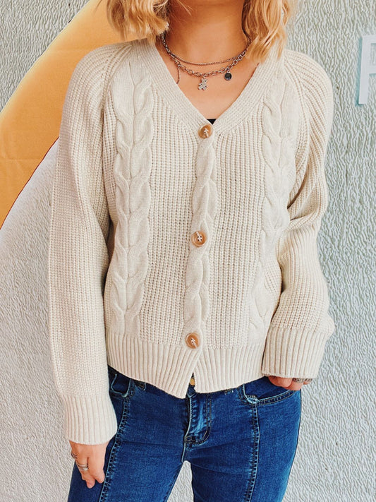 Cable-Knit V-Neck Button Down Long Sleeve Cardigan-Angel Casuals