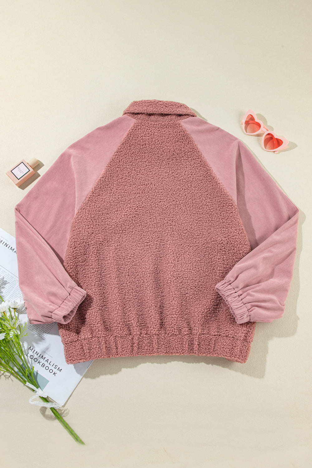 Lace Detail Zip Up Sherpa Patchwork Jacket-Angel Casuals