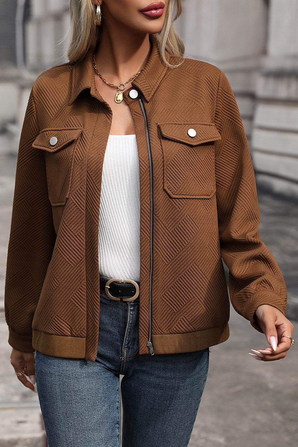 Perfee Textured Zip Up Collared Neck Jacket-Angel Casuals