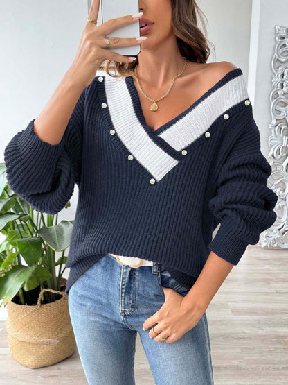 Contrast Trim Dropped Shoulder Long Sleeve Sweater-Angel Casuals