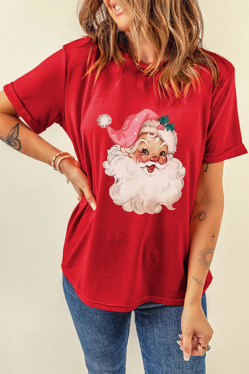 Santa Round Neck Short Sleeve T-Shirt-Angel Casuals