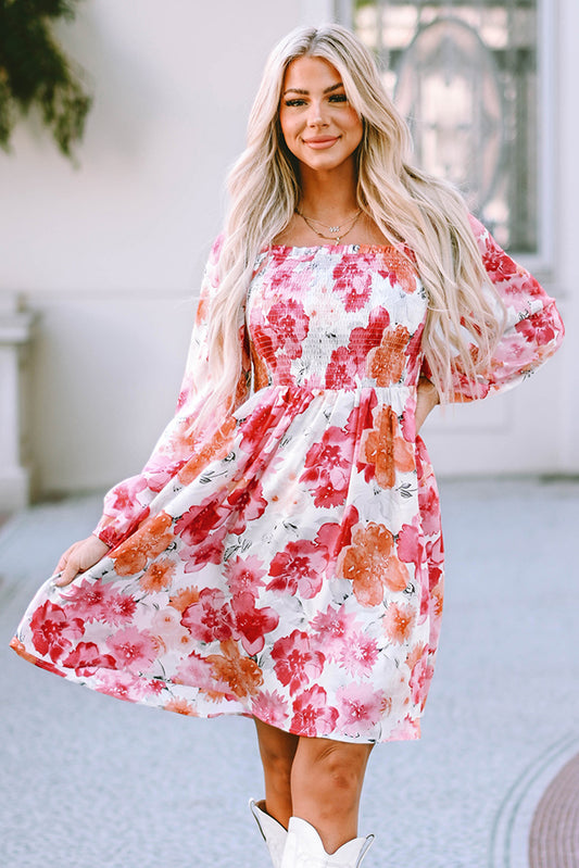 Floral Smocked Square Neck Long Sleeve Dress-Angel Casuals