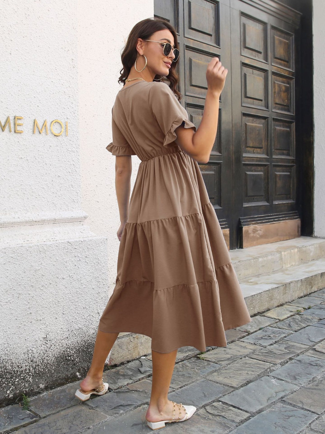 V-Neck Short Sleeve Midi Dress-Angel Casuals