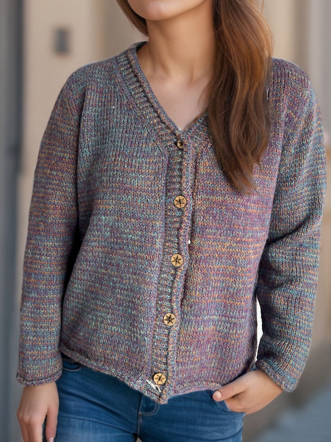 Heathered V-Neck Long Sleeve Cardigan-Angel Casuals