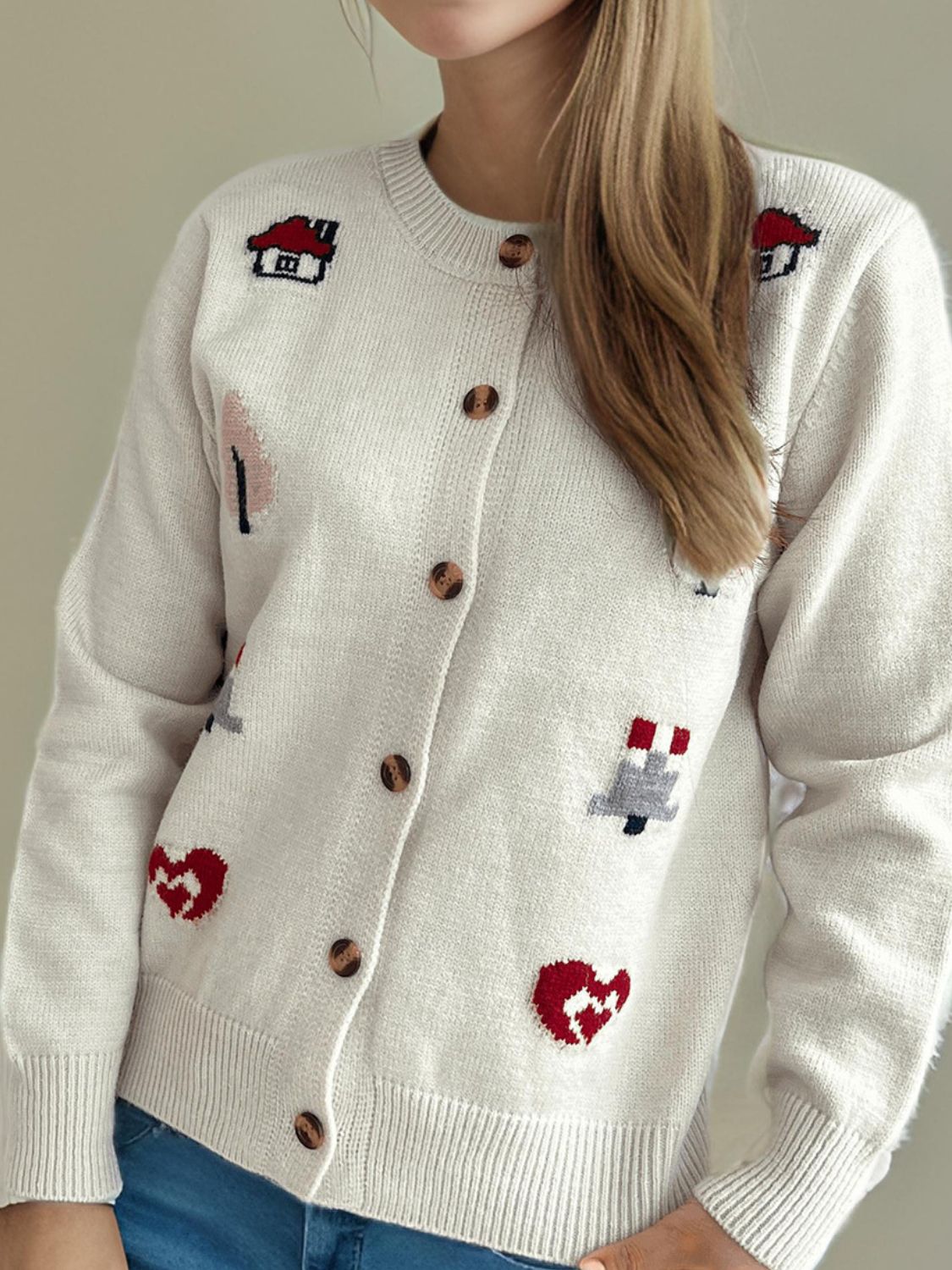 Button Up Round Neck Long Sleeve Cardigan-Angel Casuals