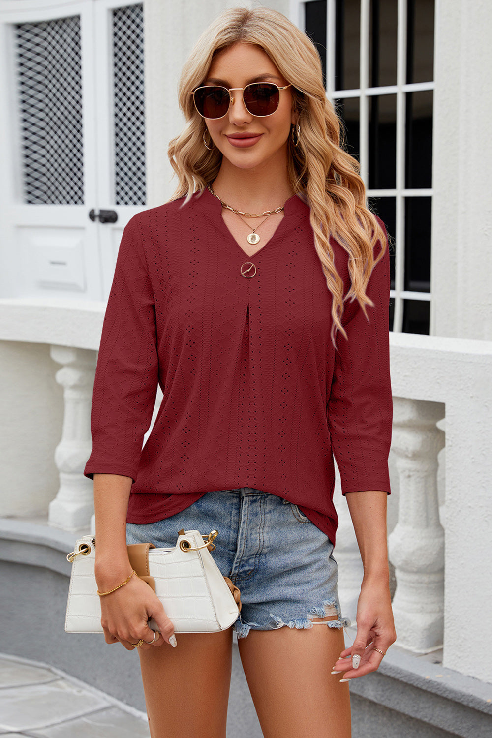 Eyelet Notched Knit Jacquard Top-Angel Casuals