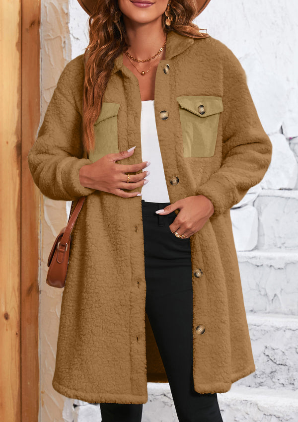 Collared Neck Long Sleeve Longline Teddy Jacket-Angel Casuals