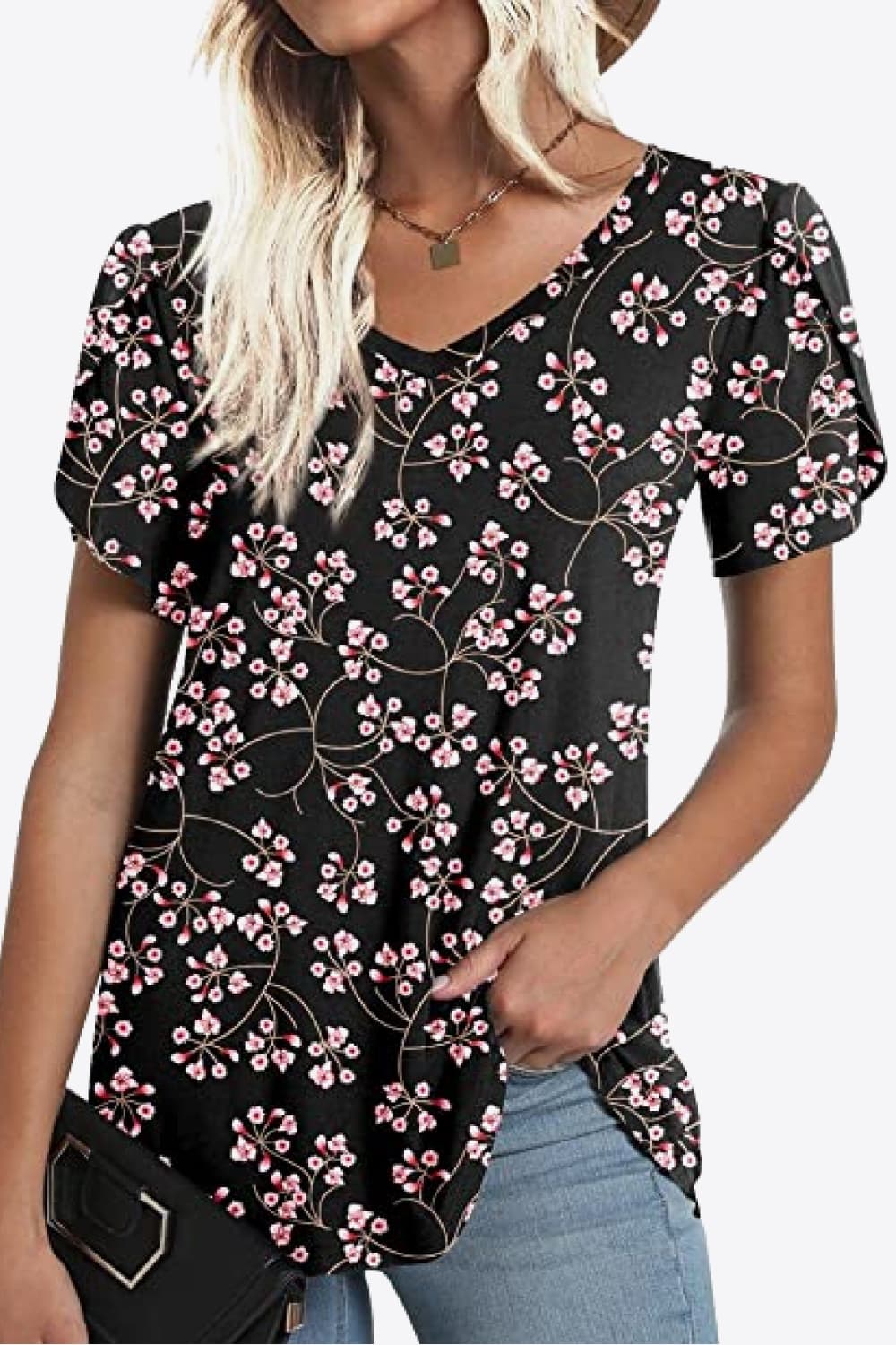 Printed Petal Sleeve V-Neck Blouse-Angel Casuals