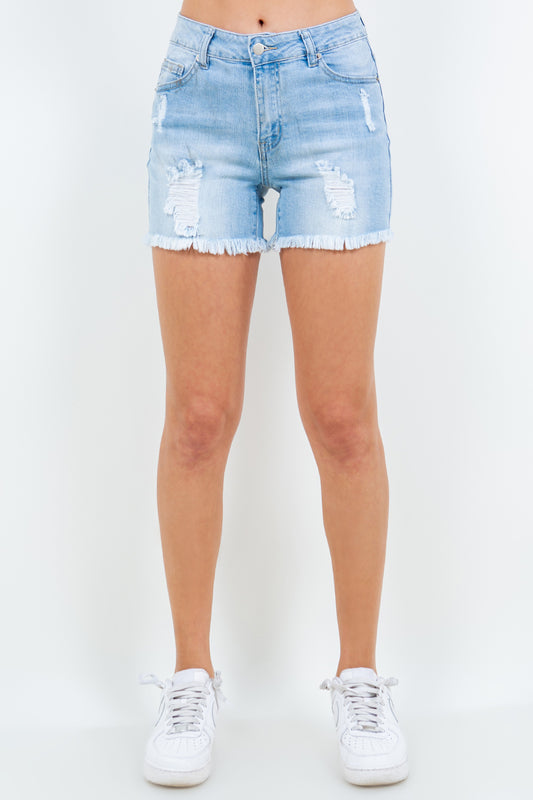 American Bazi High Waist Distressed Frayed Denim Shorts-Angel Casuals