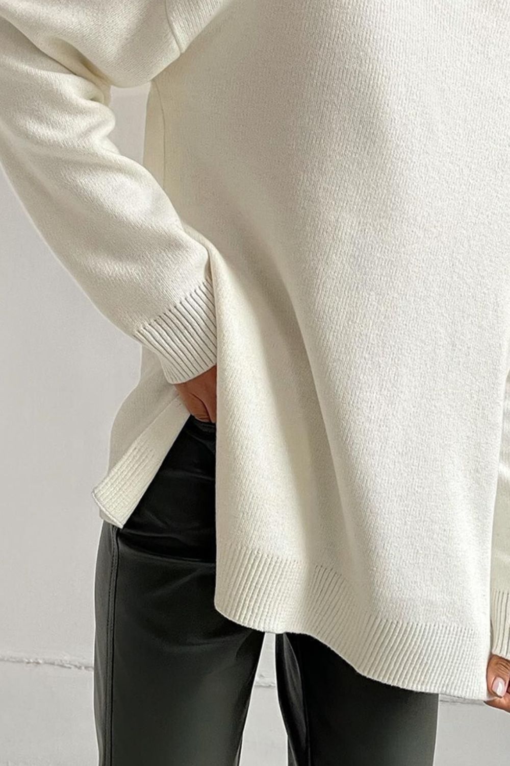 Basic Bae Side Slit Turtleneck Dropped Shoulder Sweater-Angel Casuals