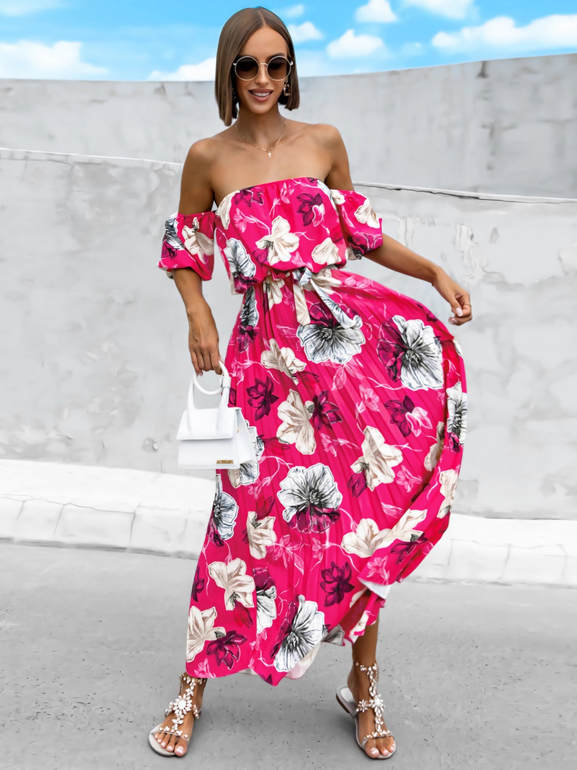 Pleated Floral Off-Shoulder Short Sleeve Midi Dress-Angel Casuals