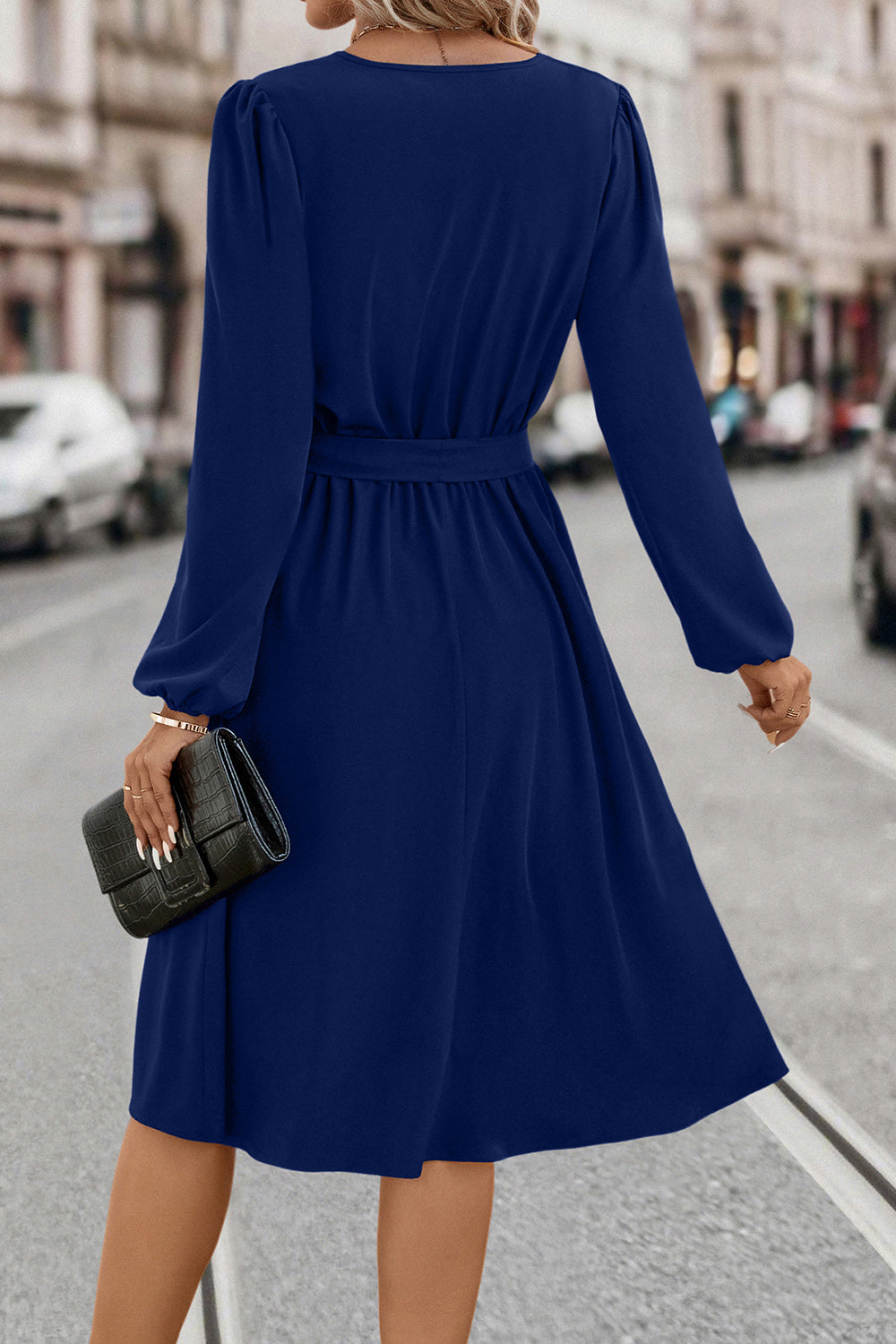 Tie Waist Notched Neck Long Sleeve Dress-Angel Casuals