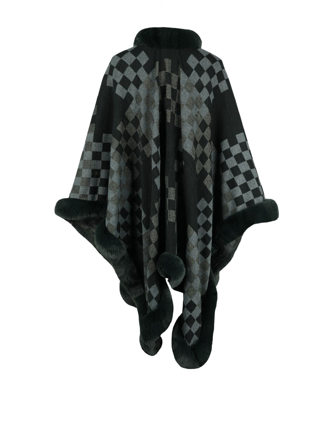 Checkered Faux Fur Trim Poncho-Angel Casuals