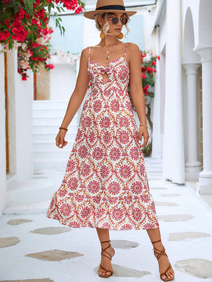 Printed Cutout Spaghetti Strap Midi Dress-Angel Casuals