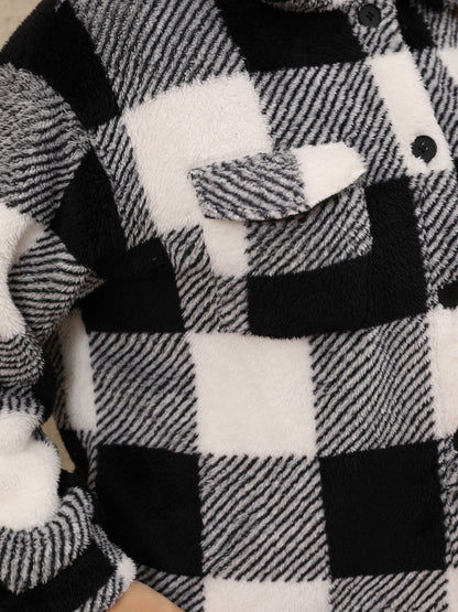 Plus Size Pocketed Plaid Collared Neck Jacket-Angel Casuals