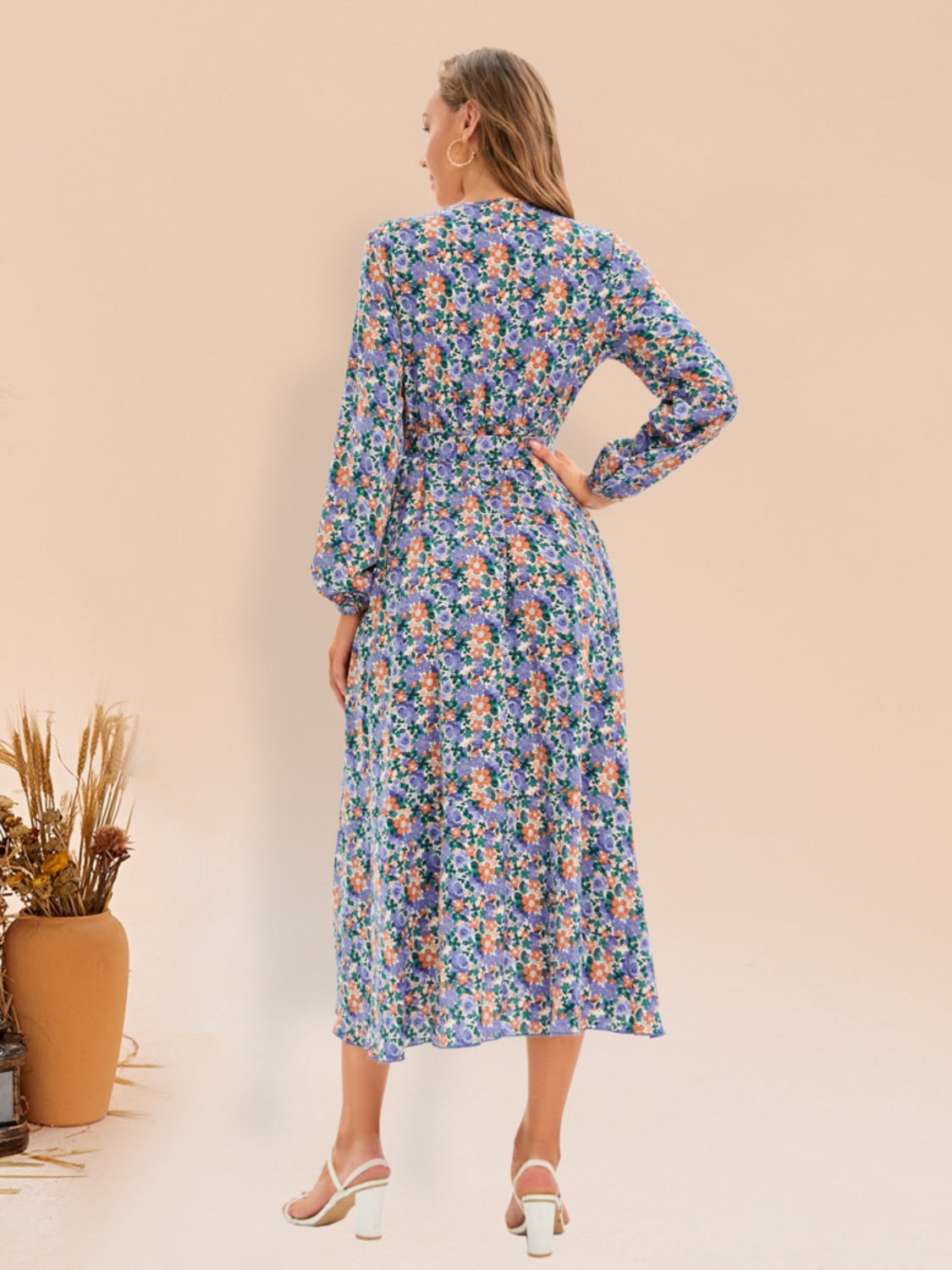 Full Size Printed Surplice Long Sleeve Dress-Angel Casuals