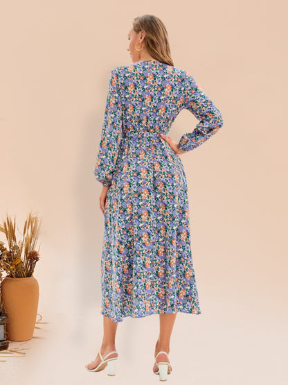 Full Size Printed Surplice Long Sleeve Dress-Angel Casuals