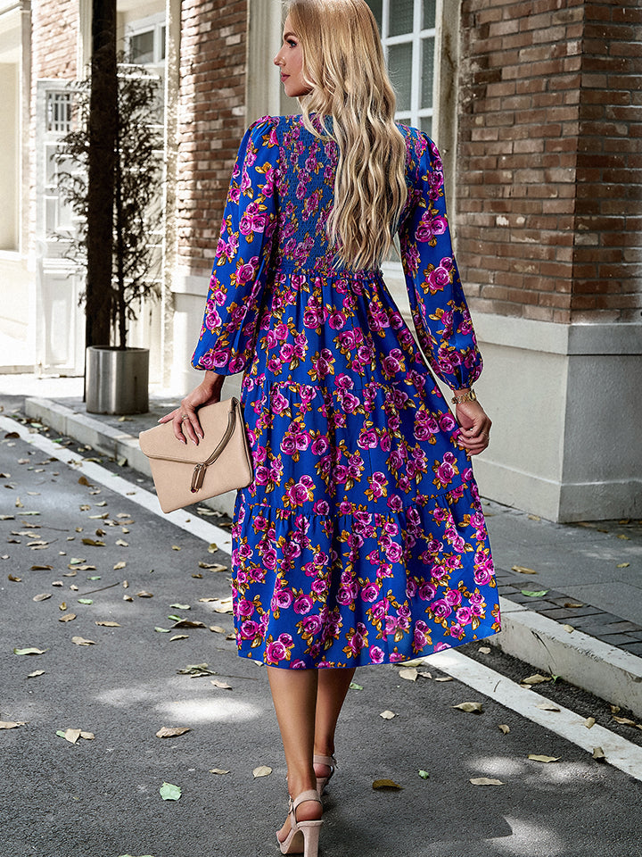 Floral Print Smocked Midi Dress-Angel Casuals