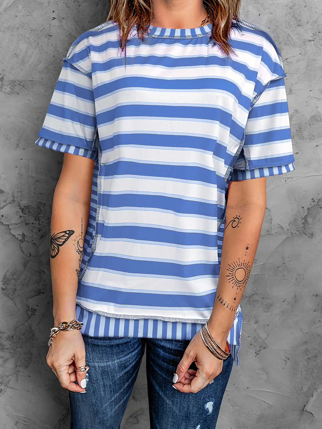 Full Size Contrast Stitching Striped Round Neck T-Shirt-Angel Casuals