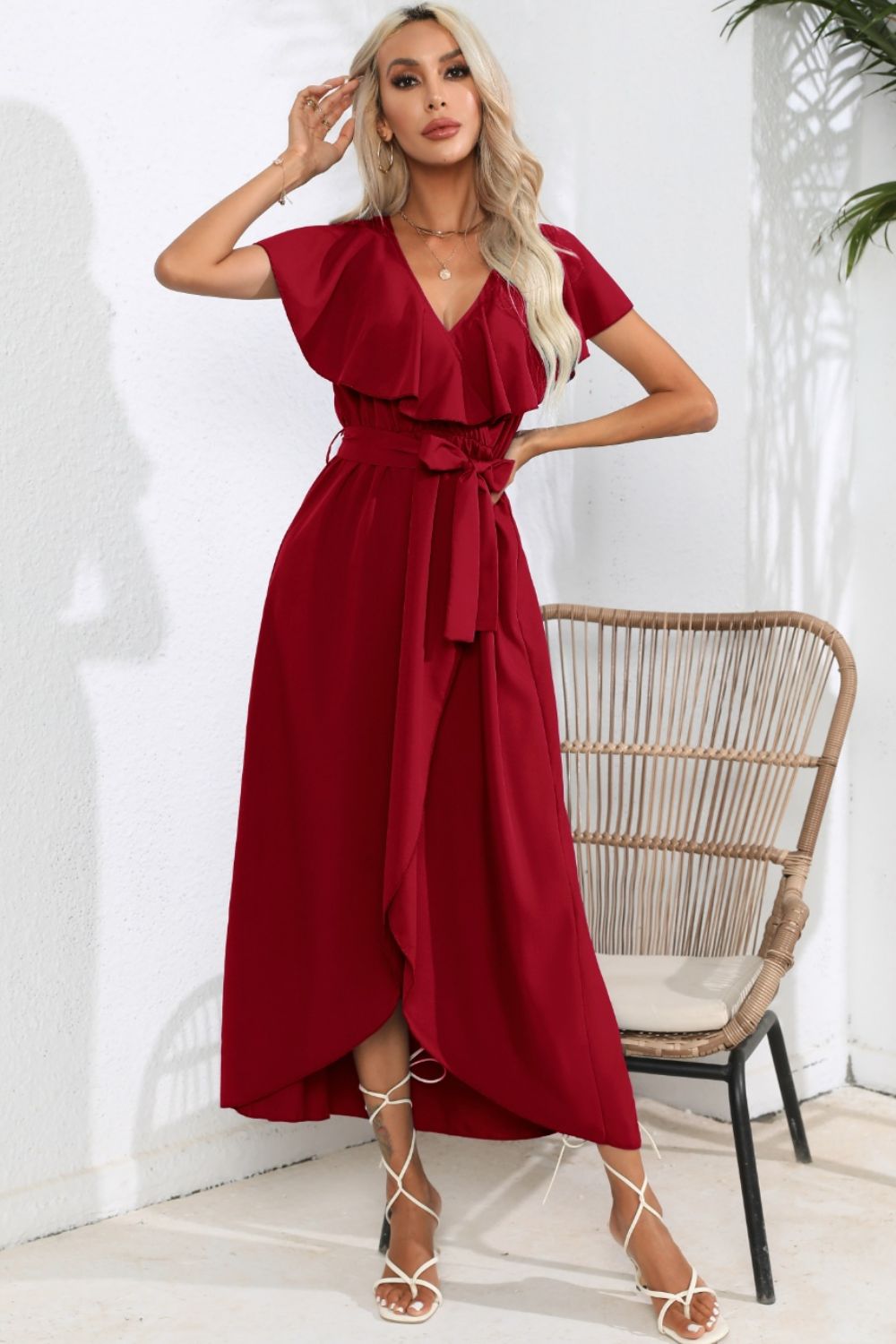 Ruffled Tied V-Neck Midi Dress-Angel Casuals