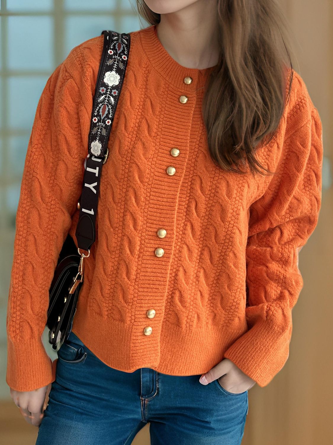 Cable-Knit Round Neck Long Sleeve Cardigan-Angel Casuals