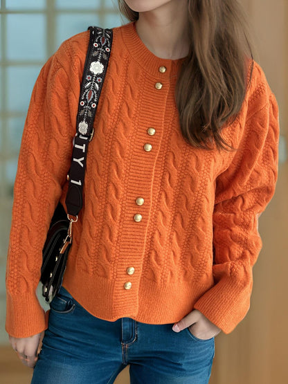 Cable-Knit Round Neck Long Sleeve Cardigan-Angel Casuals