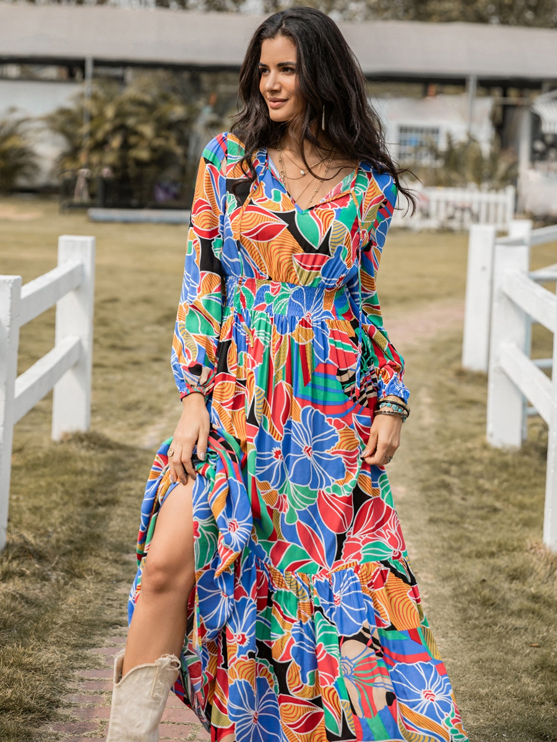 Printed Smocked Tie Neck Balloon Sleeve Maxi Dress-Angel Casuals